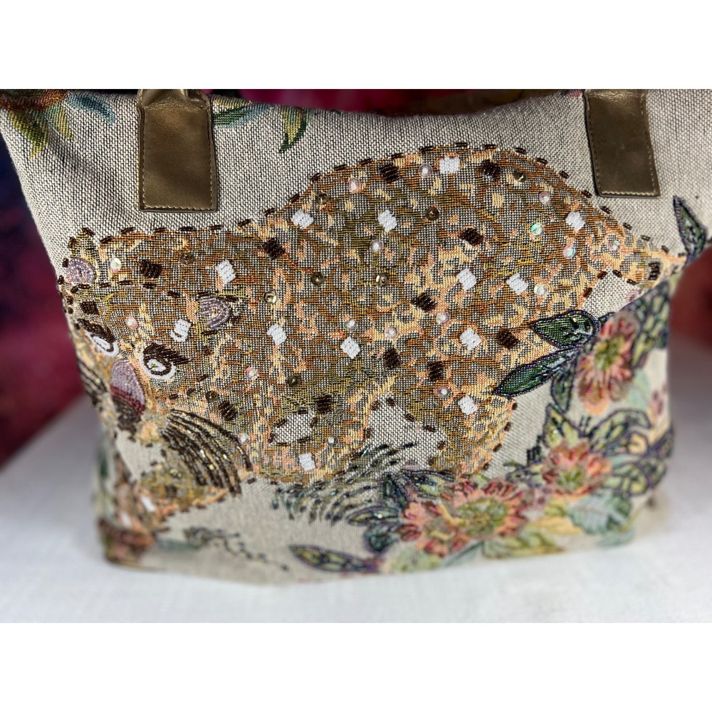 Vintage Tapestry Leopard Beaded Tote Bag Floral Gold Metallic Large Shoulder Bag